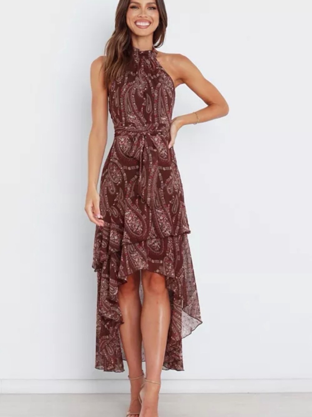 Petal & Pup Brown & Maroon Paisley Halter Hi-Low Dress
